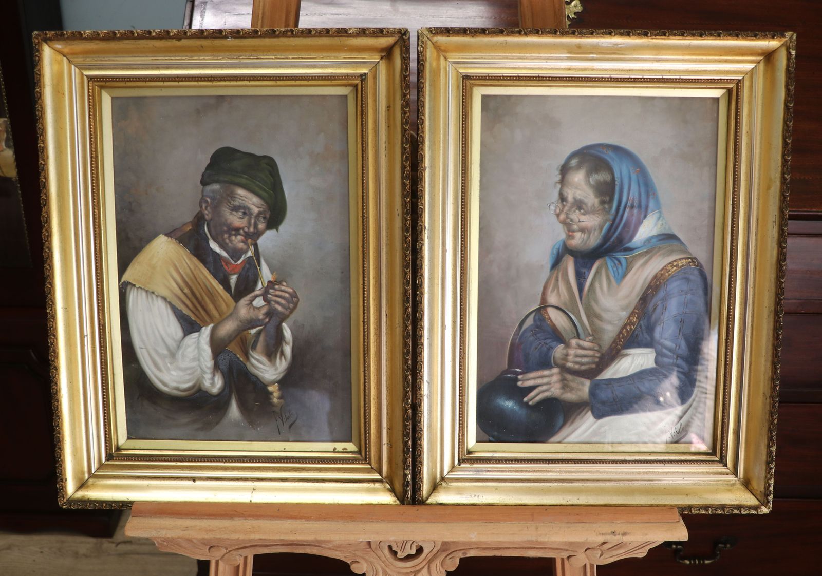 A Pair Of Absolutely Charming Oil Painting Portraits Of An Elderly Couple By Italian Artist Ferruccio Vitale photo vinterior