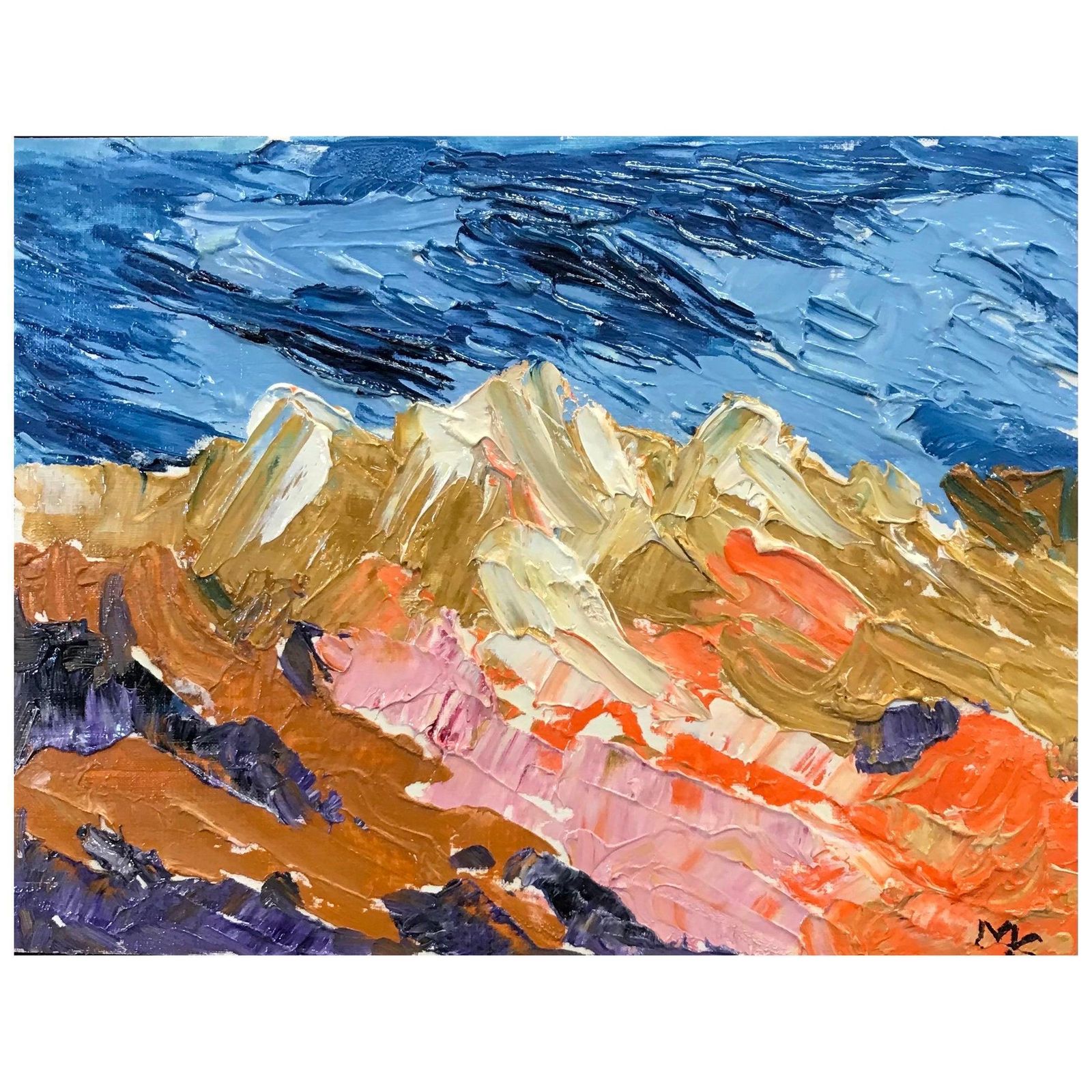 Unknown Bright & Colorful French Impressionist Oil Painting   Blue Sky Over Mountains 2000
