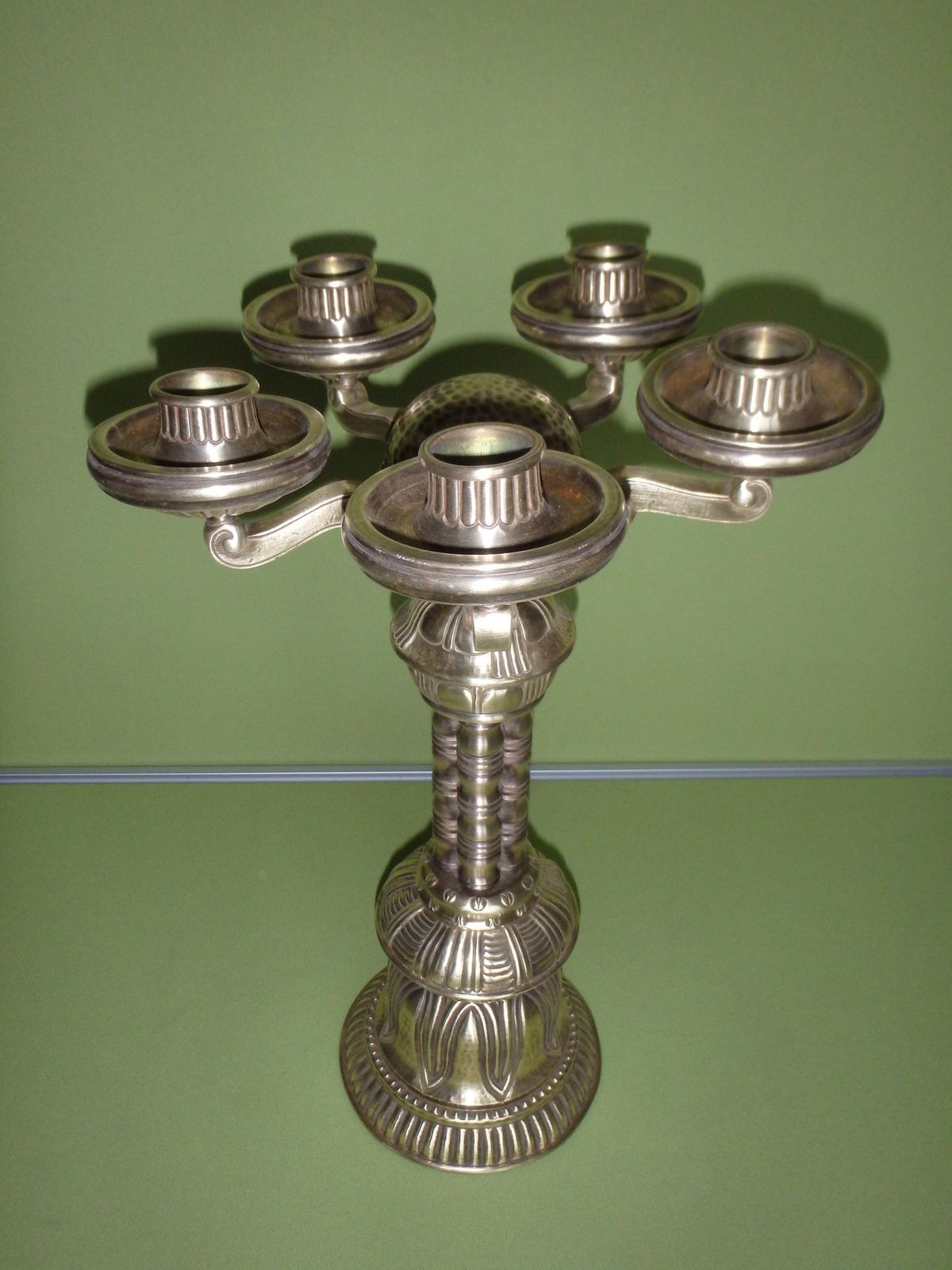 Art Nouveau Huge Candle Holder Brass 5 Arms photo for sale