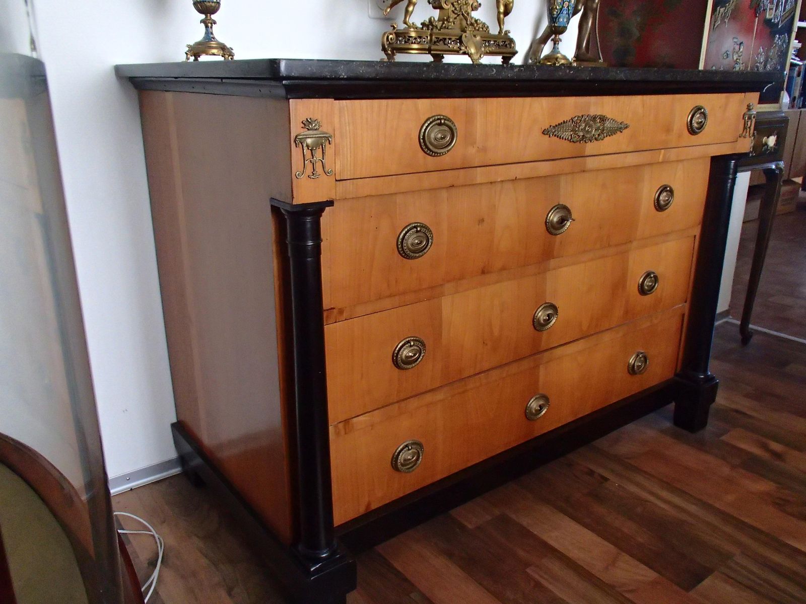 photo for sale Empire Chest Of Drawers Cherry Wood With Black Colones And Black Marble Top