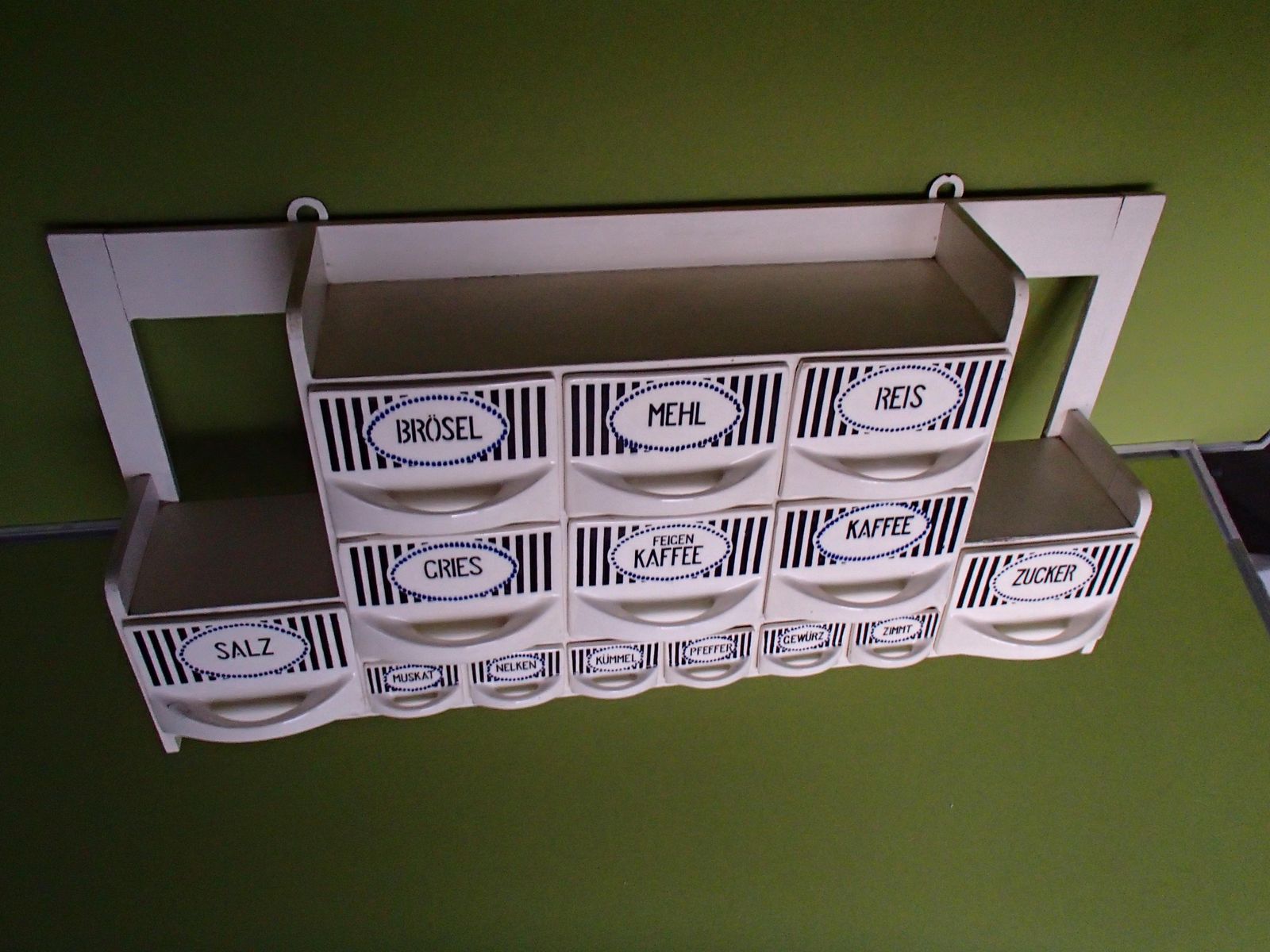 photo for sale 1920 This Shelf W/ Porcelain Drawers For Spices Sugar Flower Oil Vinegar Coffee