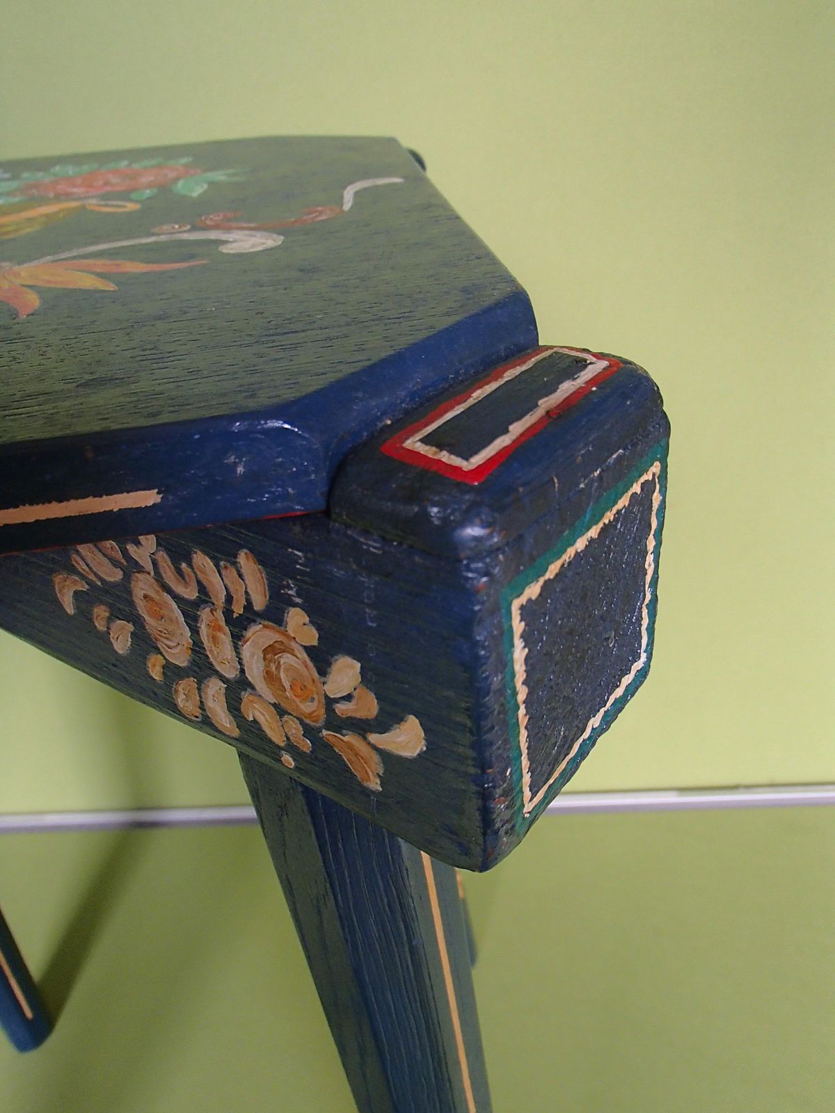 19th Century Folk Art Blue Wooden Stool Or Side Table Hand Painted Flowers photo furniture