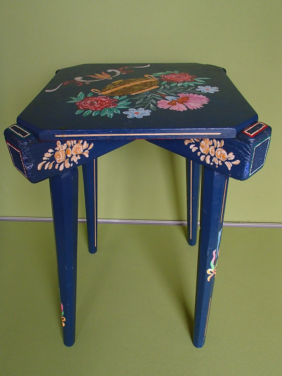 photo for sale 19th Century Folk Art Blue Wooden Stool Or Side Table Hand Painted Flowers