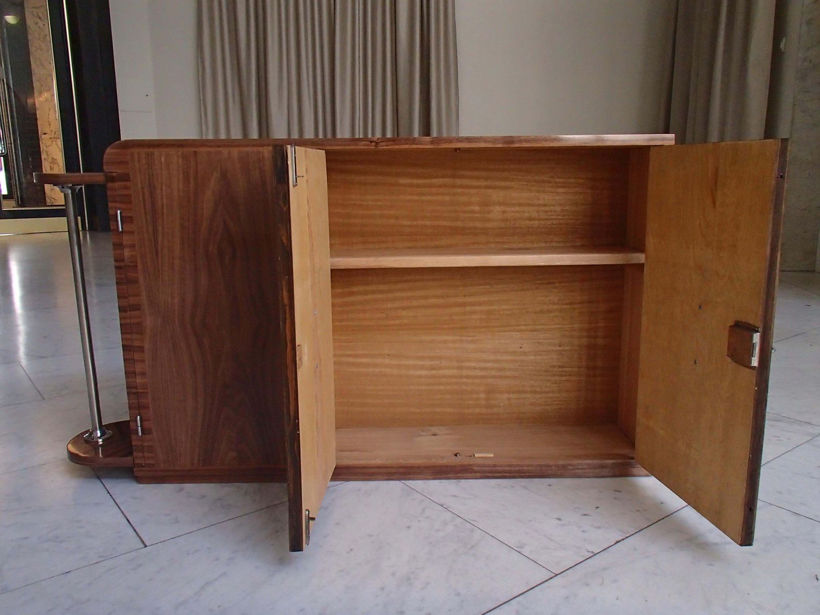 photo for sale Art Deco Narrow Bar With 2 Doors And Bottle Compartment Walnut And Chrome
