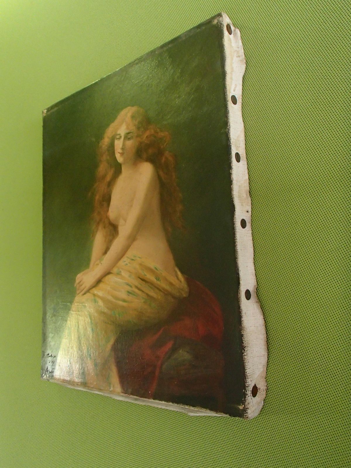 19th Century Oil On Canvas Painting Young Lady With Red Hair Half Nude photo for sale