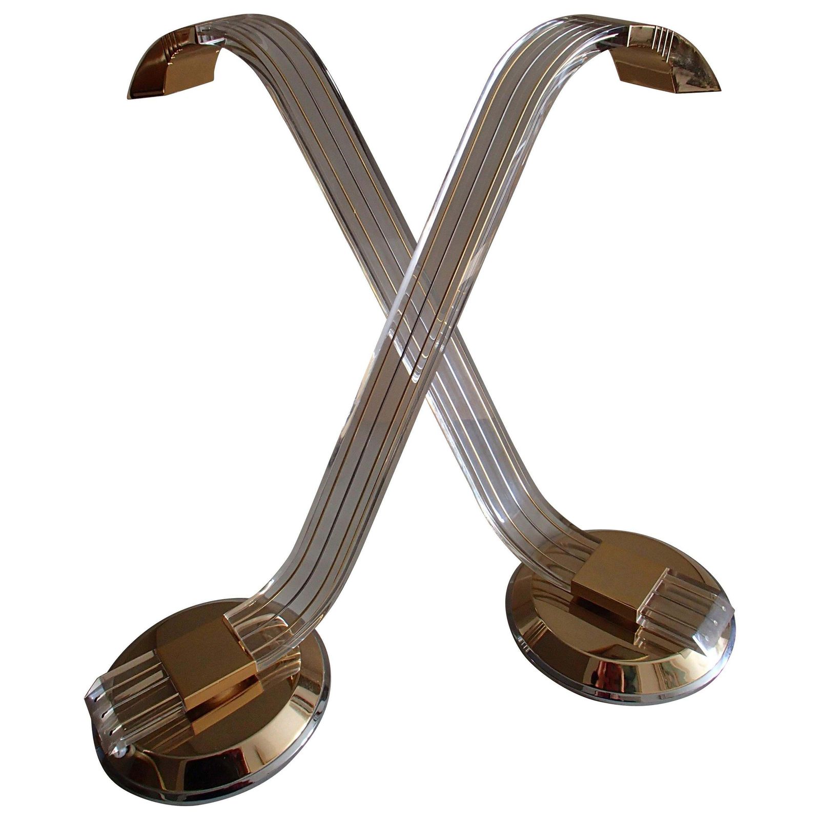 Pair Of Modern Plexi Glass Chrome And Brass Table Lamps By Relco Milano