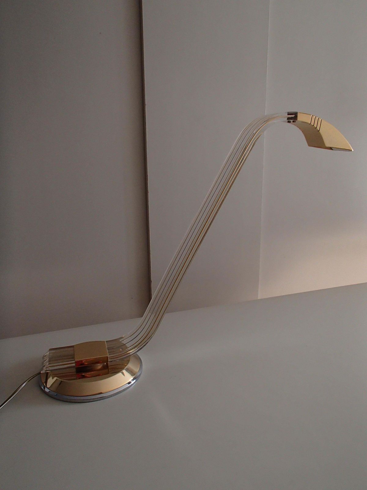 Pair Of Modern Plexi Glass Chrome And Brass Table Lamps By Relco Milano photo for sale