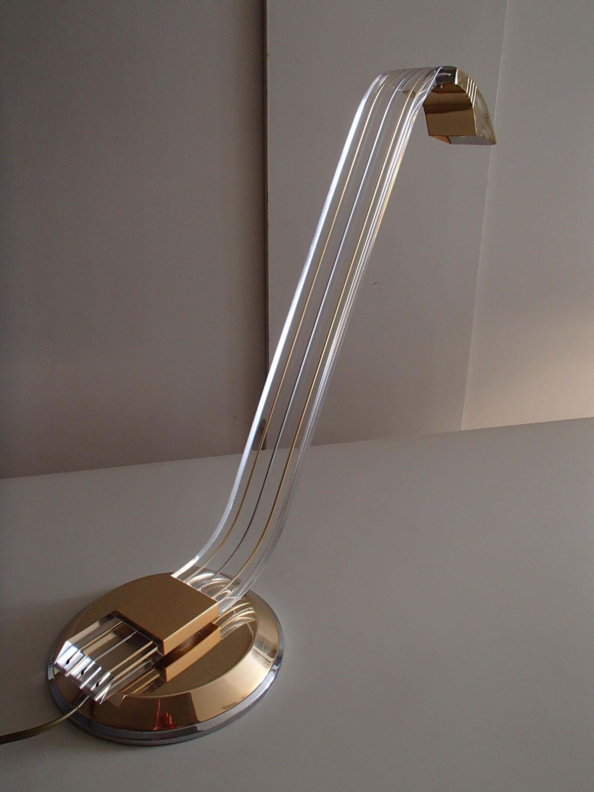 Pair Of Modern Plexi Glass Chrome And Brass Table Lamps By Relco Milano photo Lighting