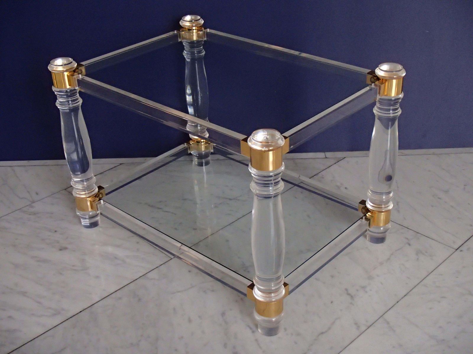 Pair Of Modern Side Tables Plexi Glass, Glass And Brass photo vinterior