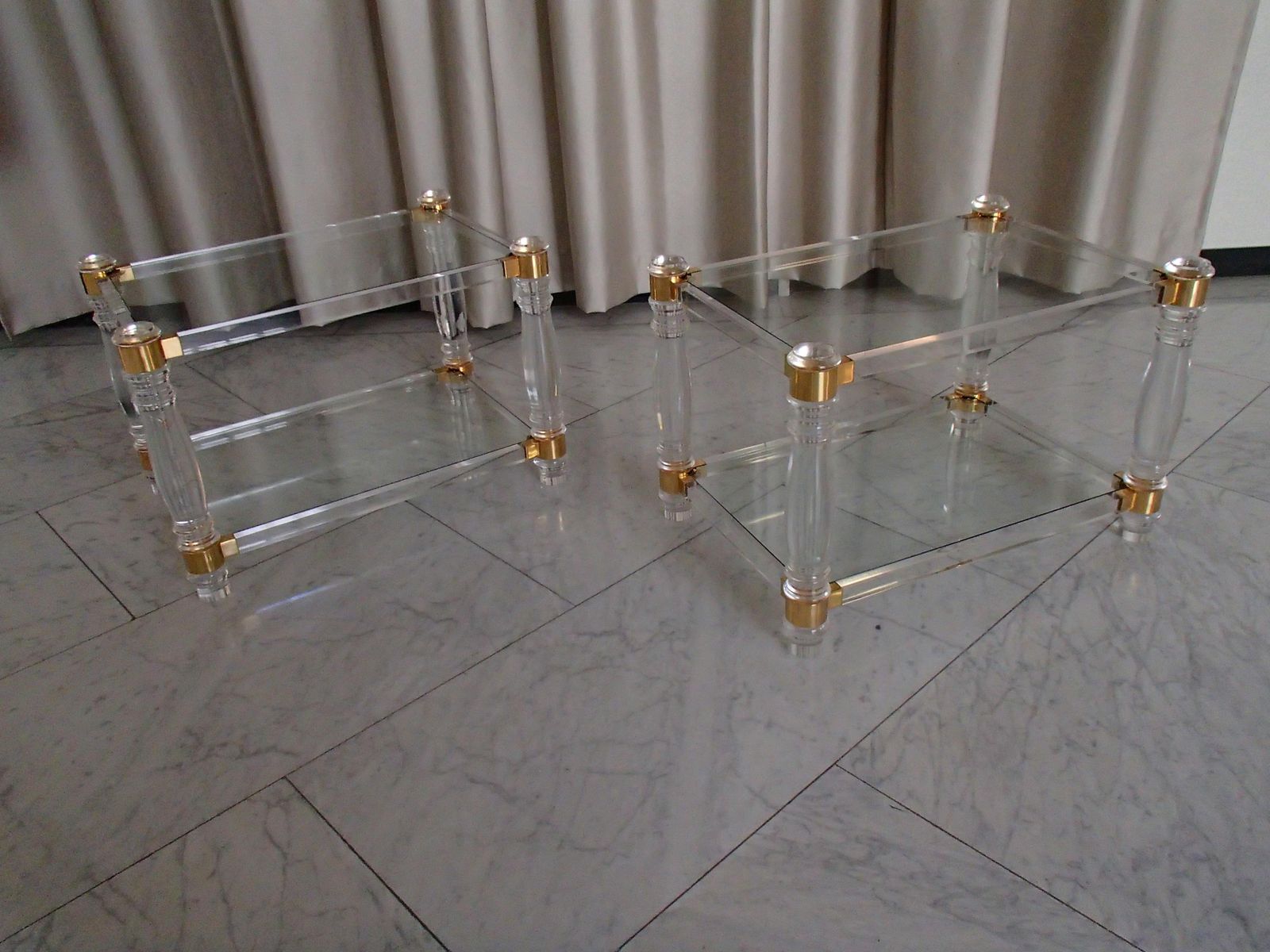 photo furniture Pair Of Modern Side Tables Plexi Glass, Glass And Brass