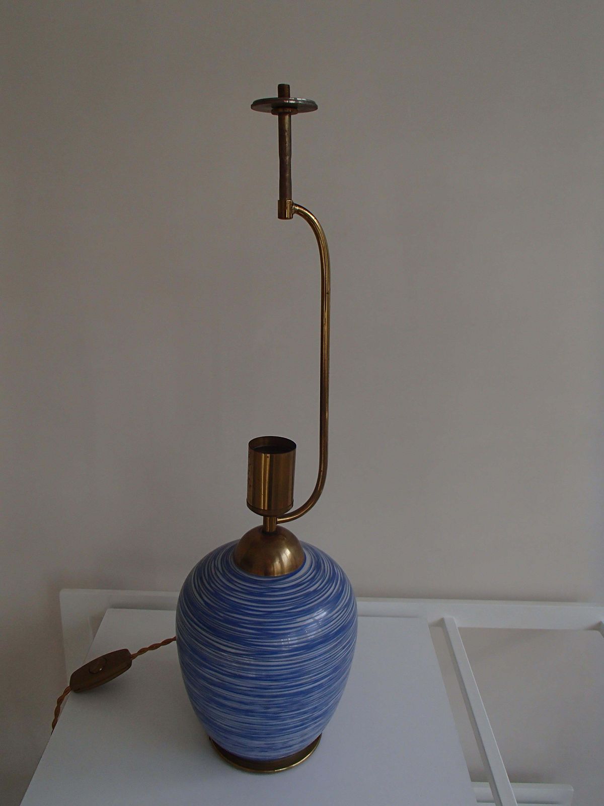photo for sale Mid Century Modern Wmf Ikora Table Blue Glass Lamp With Pig Skin Shade