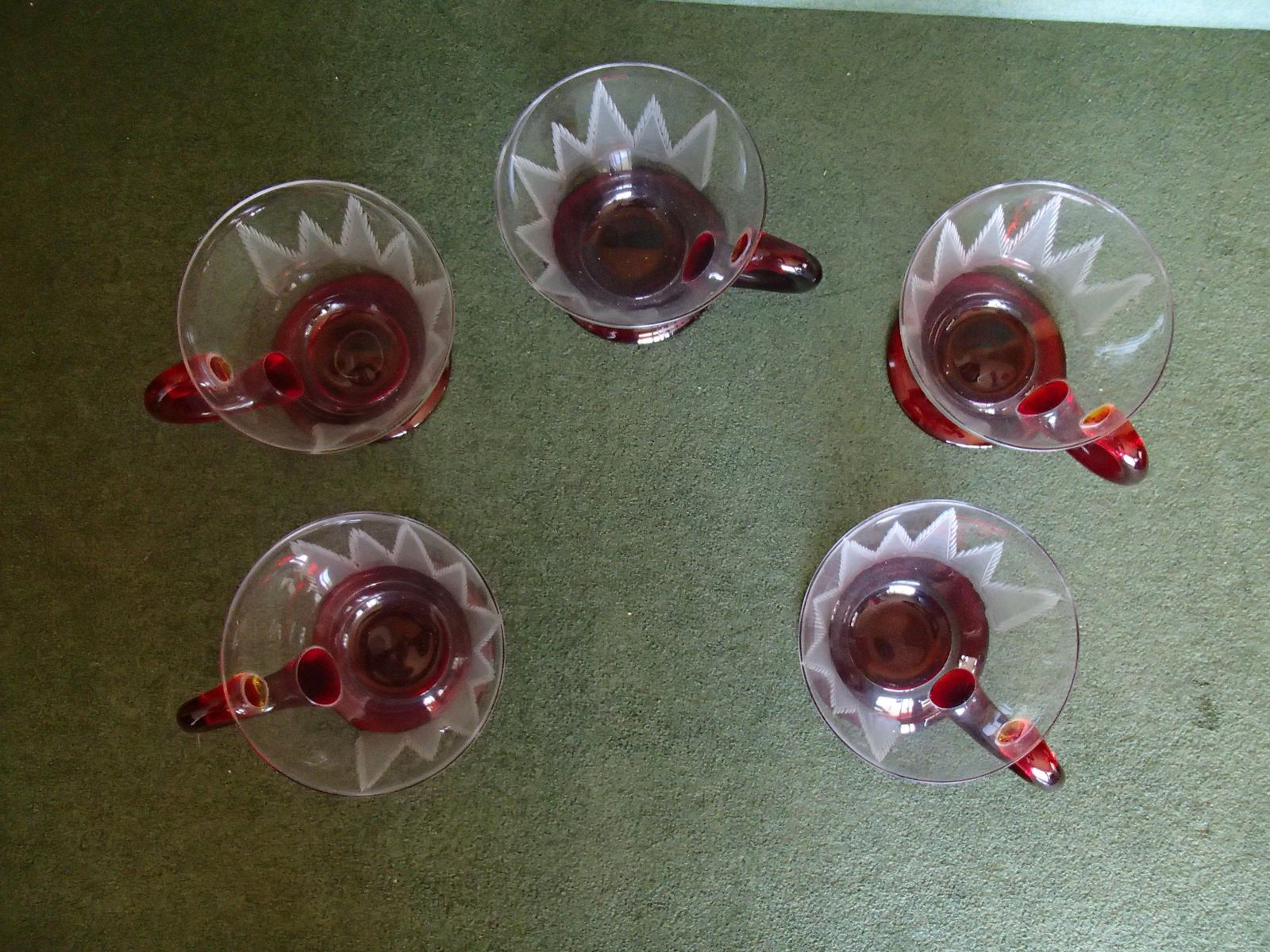 5 Art Nouveau Tea Glasses With Red Base And Holder Engraved photo for sale