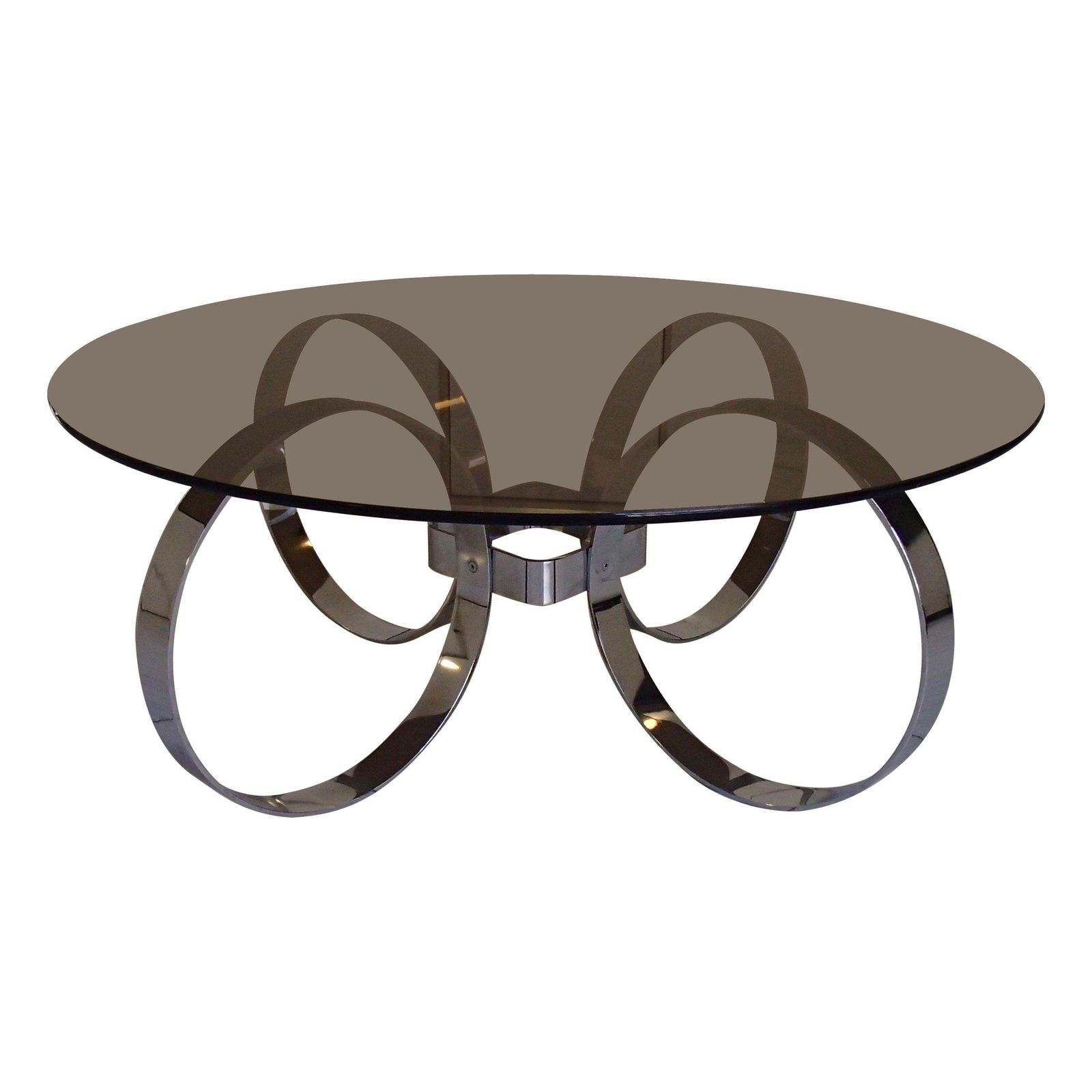 Mid Century Modern Low Table Chrome Rings And Brown Glass Top