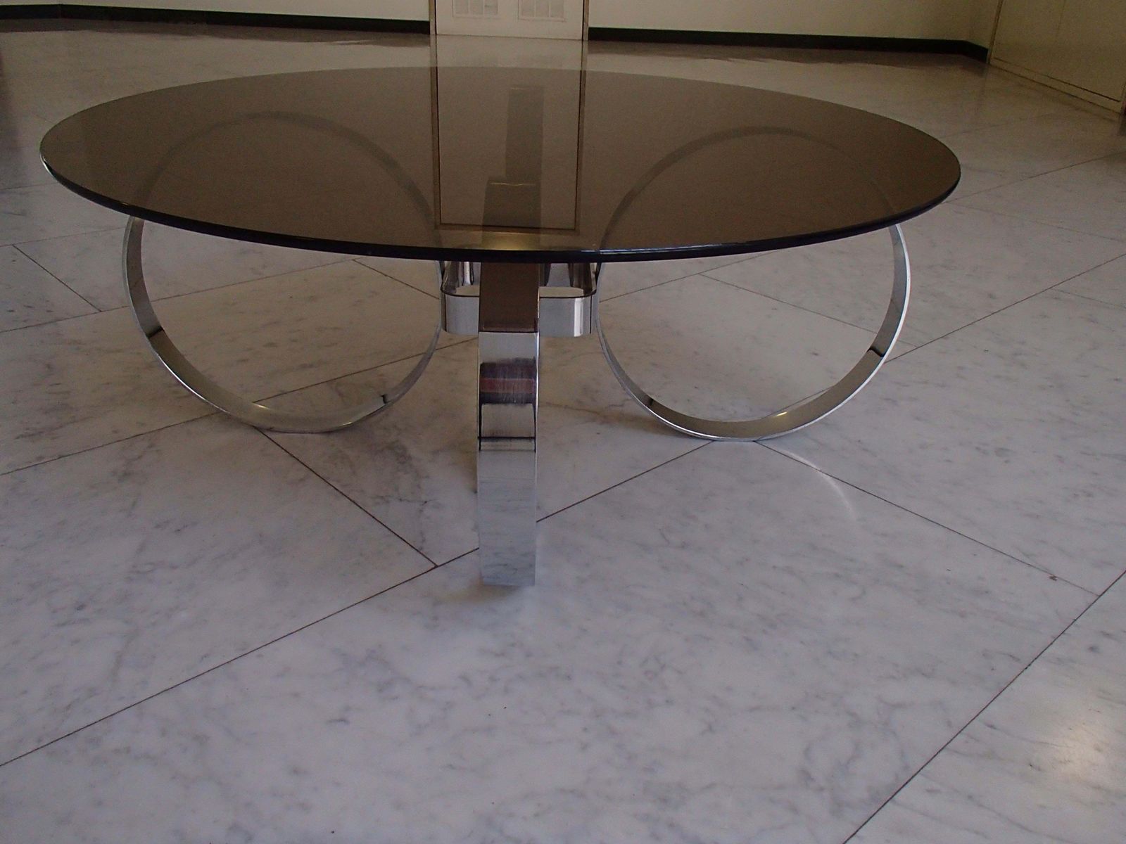 Mid Century Modern Low Table Chrome Rings And Brown Glass Top photo 1268.0