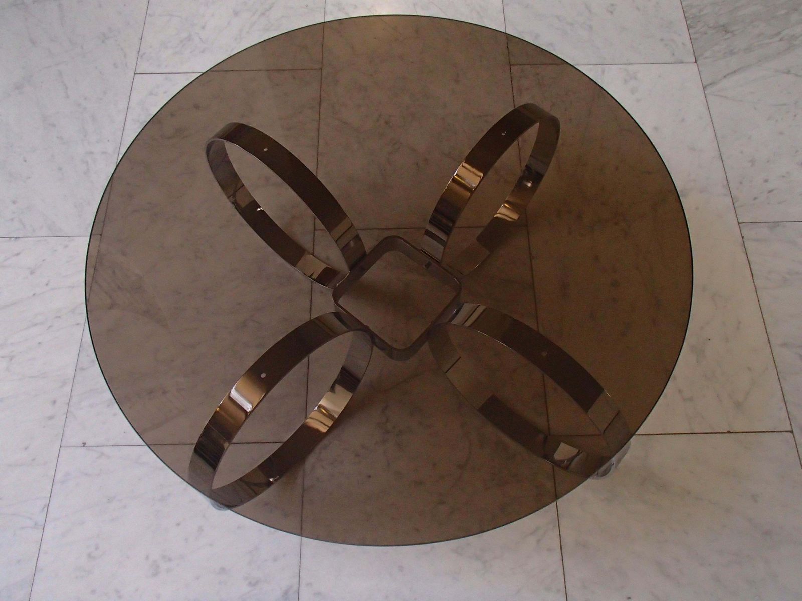 Mid Century Modern Low Table Chrome Rings And Brown Glass Top photo buy