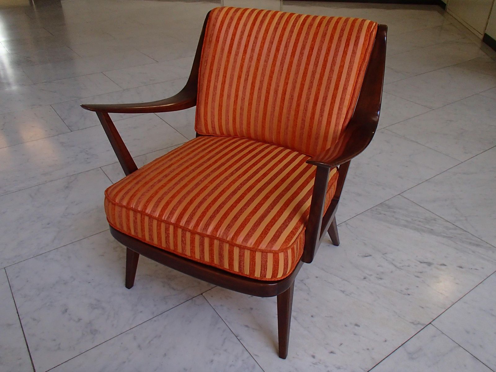Mid Century Modern Armchair By Knoll Antimott Cushions Orange Tones Stripes photo furniture