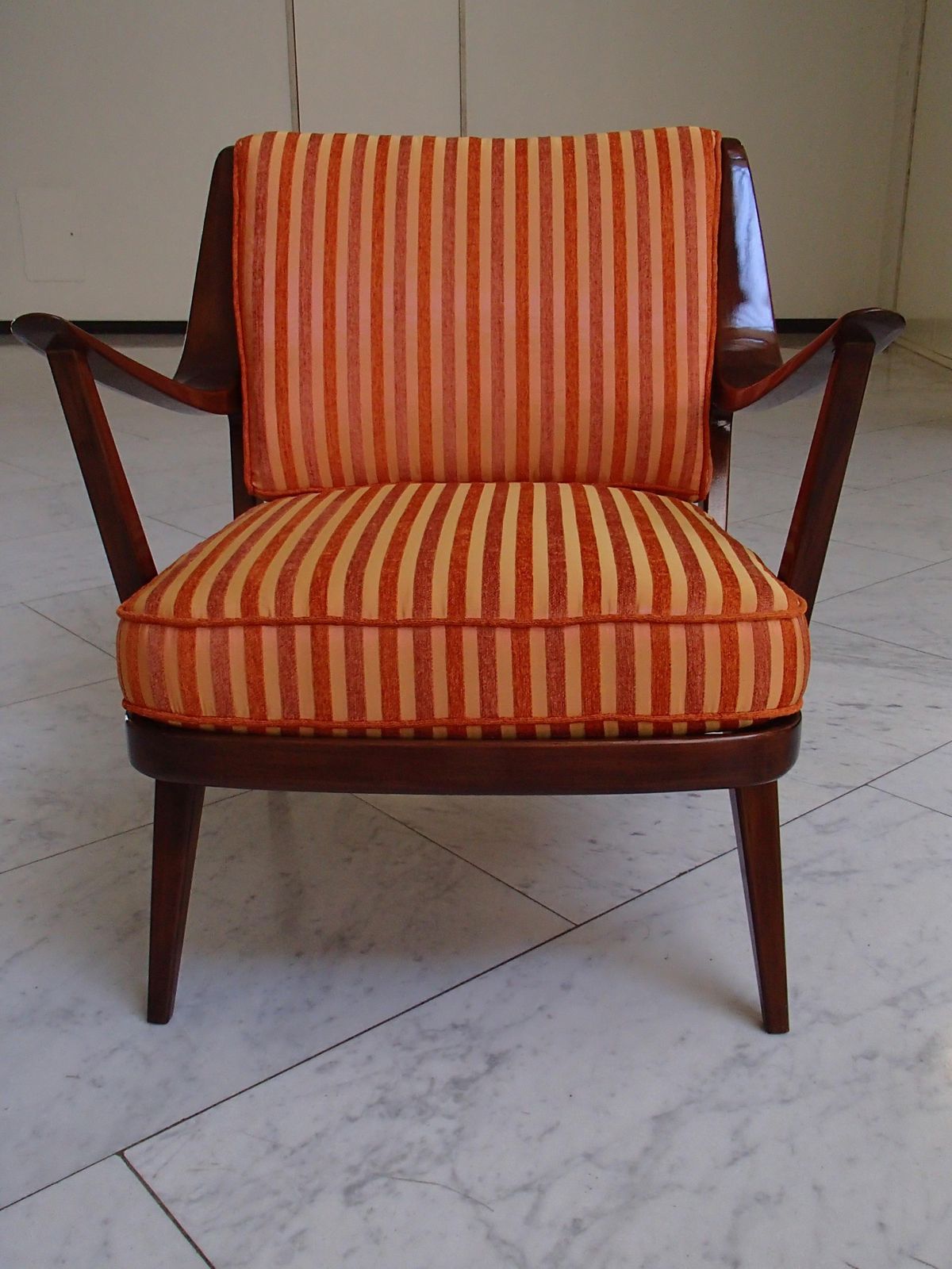 Mid Century Modern Armchair By Knoll Antimott Cushions Orange Tones Stripes photo Furniture