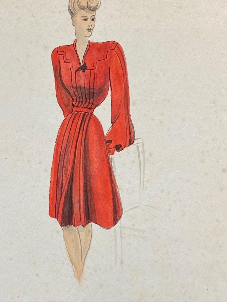 Unknown 1940's Fashion Illustration, The Lady In The Red Dress Circa 1940s photo for sale