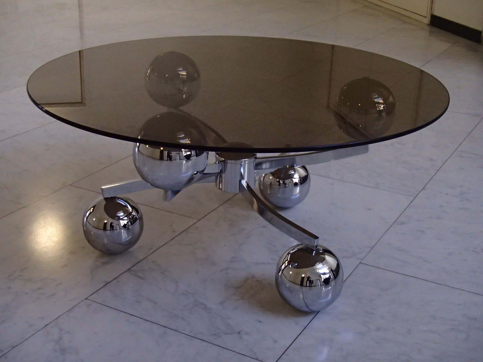 photo for sale 1970 This Planet Chrome Coffee Table Round Brown Glass Top