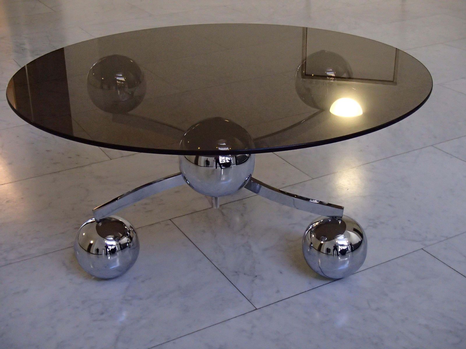 photo buy 1970 This Planet Chrome Coffee Table Round Brown Glass Top