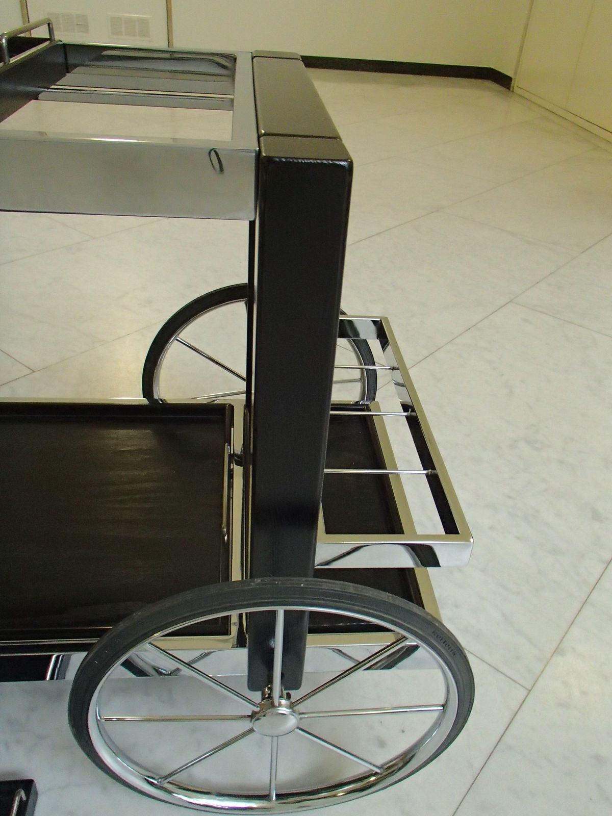 photo for sale 1980 This Modern Chrome And Black Oak Large Trolley Bar Cart