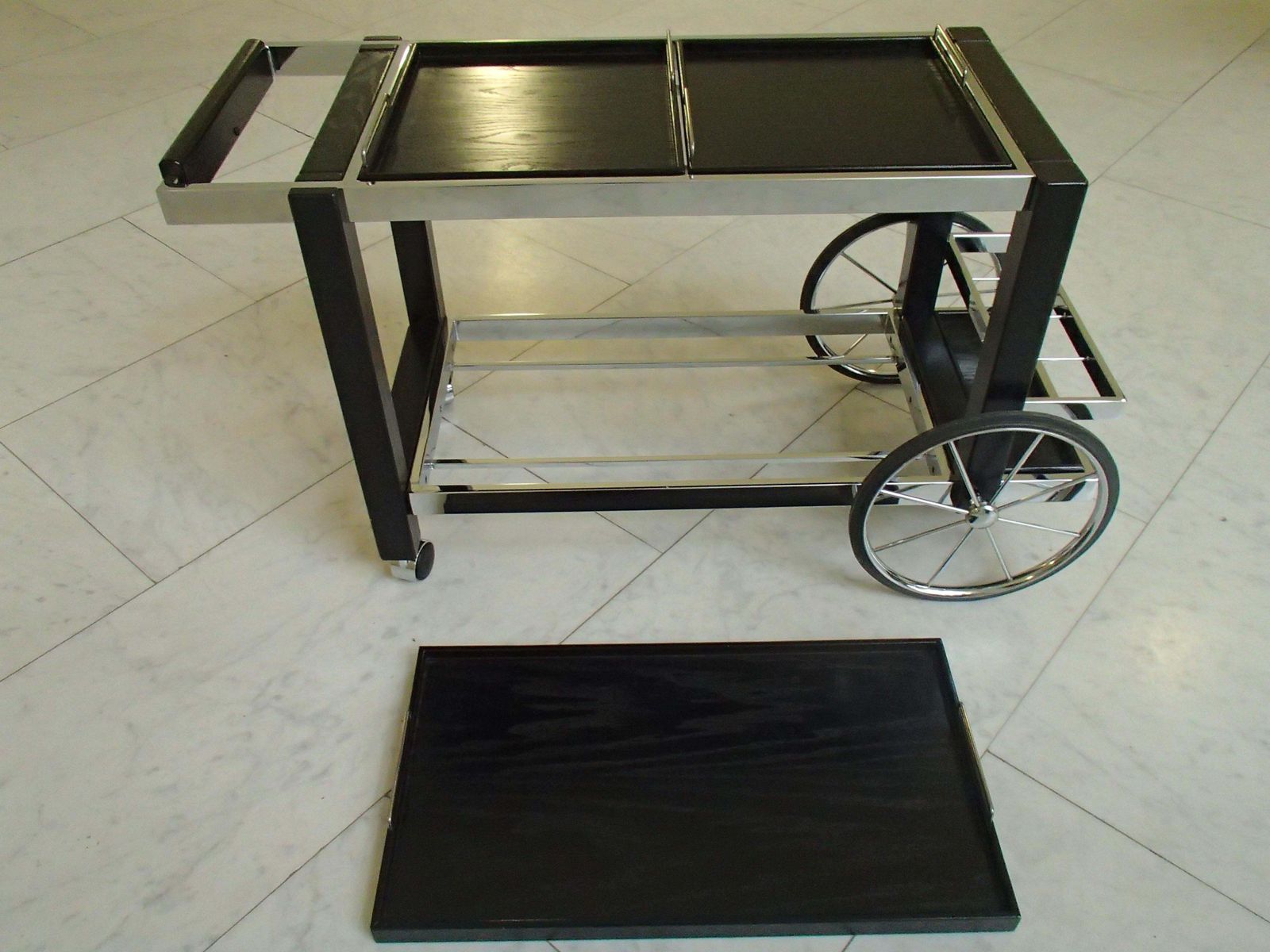 2498.0 1980 This Modern Chrome And Black Oak Large Trolley Bar Cart photo