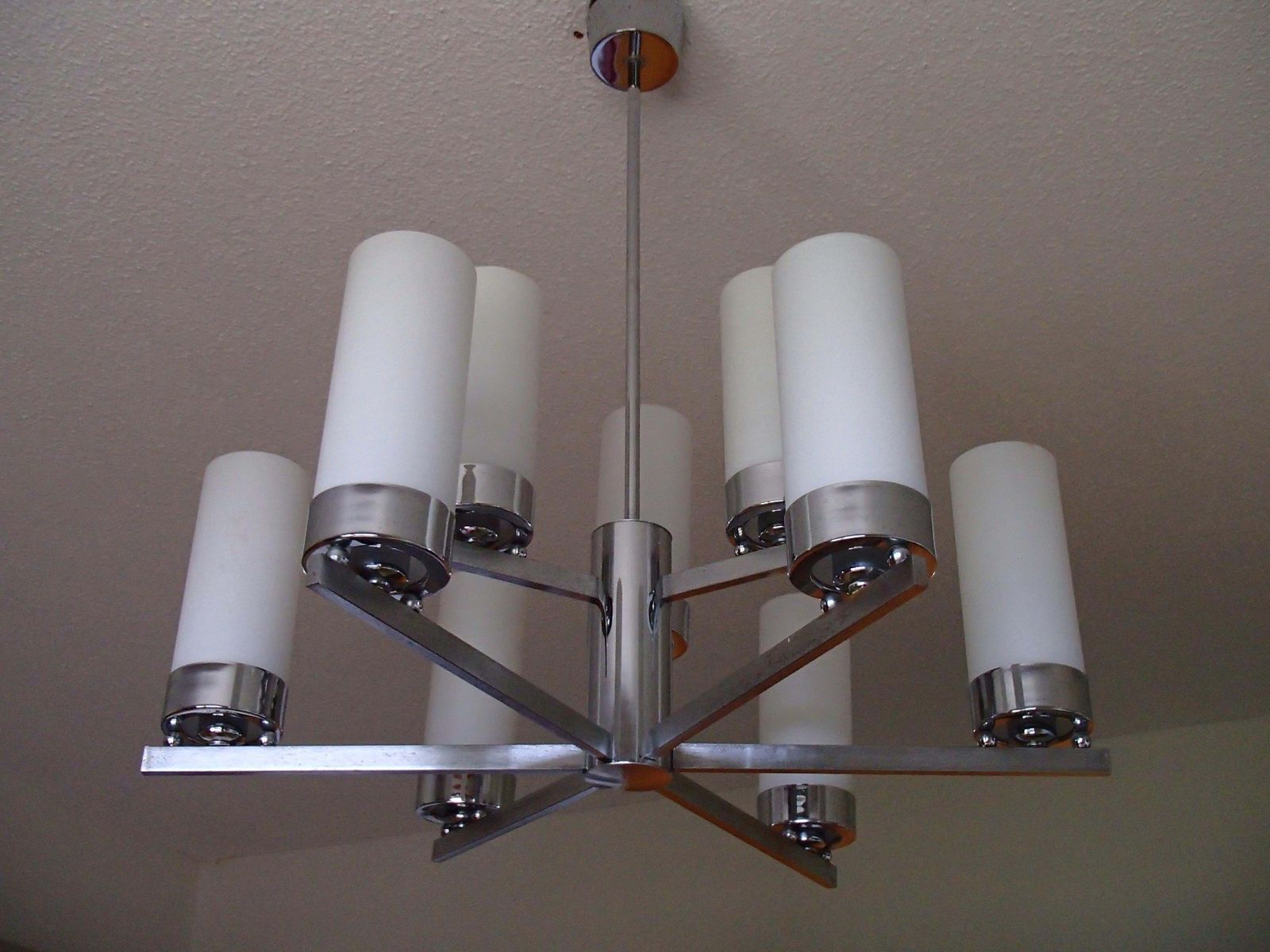 Bauhaus Chandelier Chrome With Nine White Tubular Glass Shades photo furniture