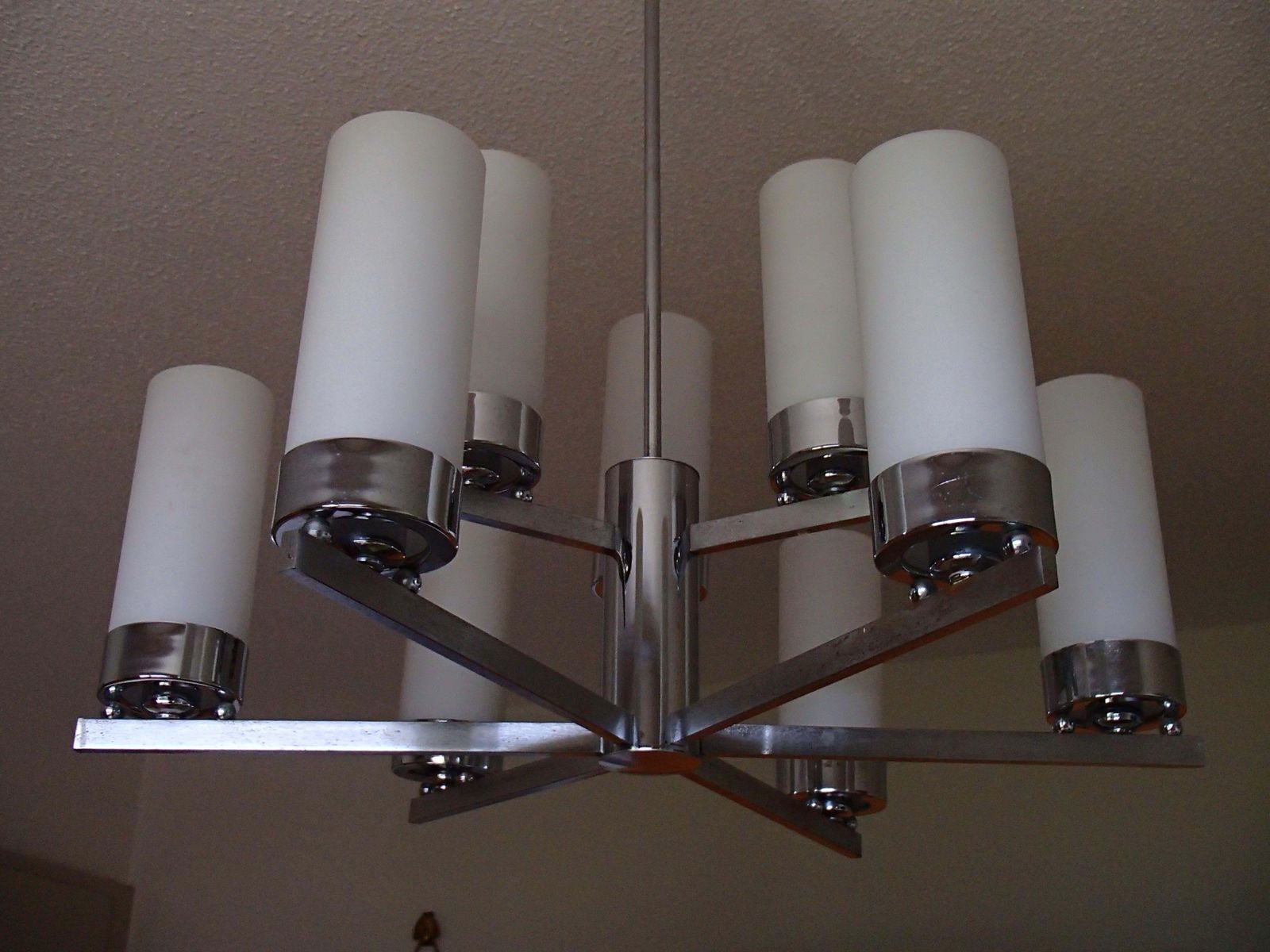 Bauhaus Chandelier Chrome With Nine White Tubular Glass Shades photo for sale