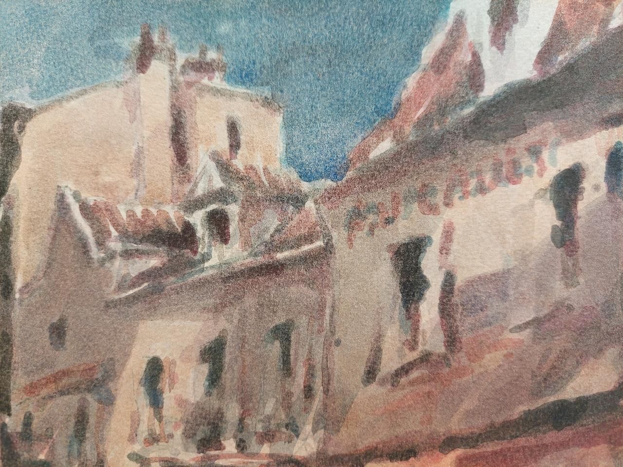 Maurice Mazeilie French Modernist Cubist Painting Figures In A Small Town Late 20th Century photo vinterior