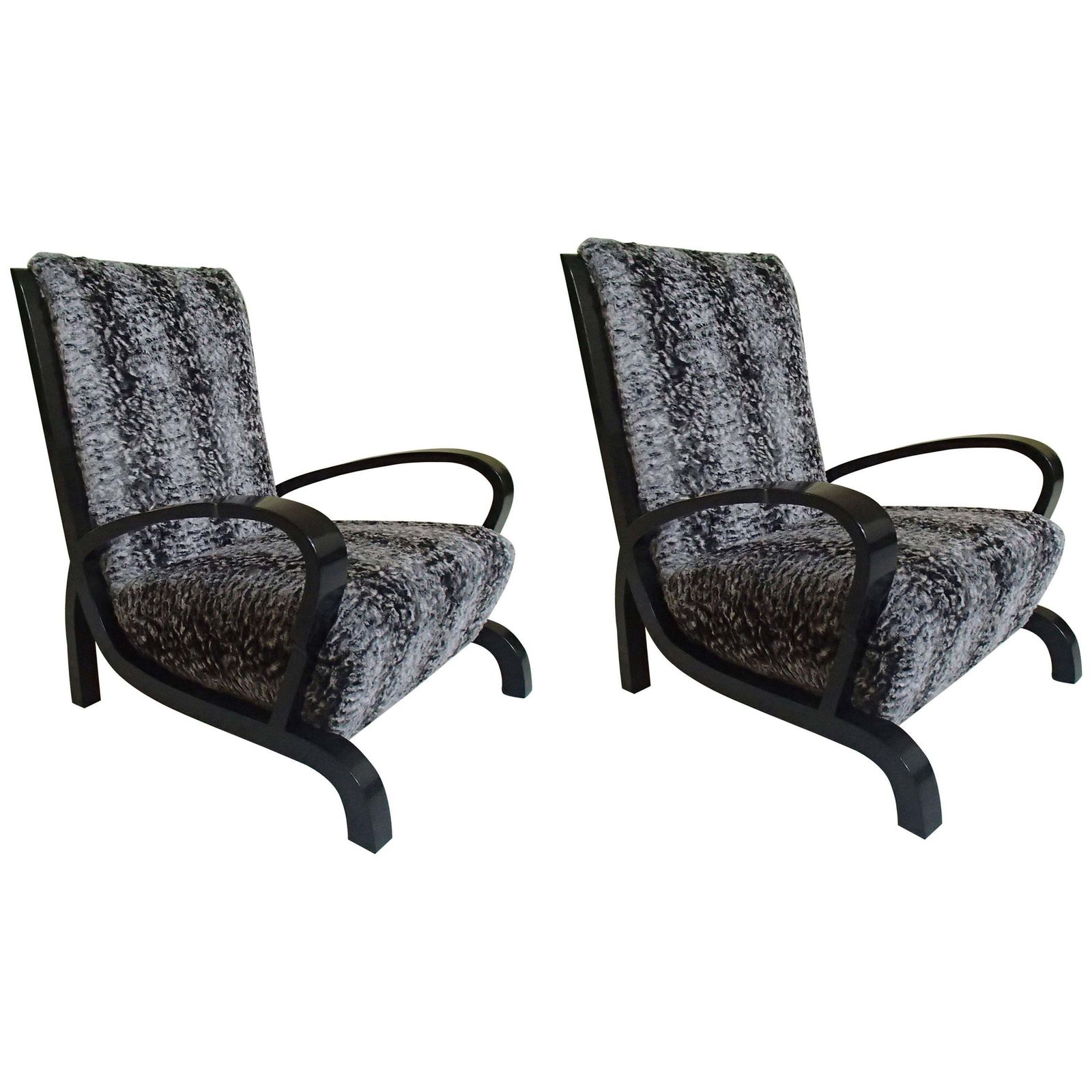 Bauhaus Pair Of Armchairs Black Wood And Faux Fur Astrakhan New Recovered Seat