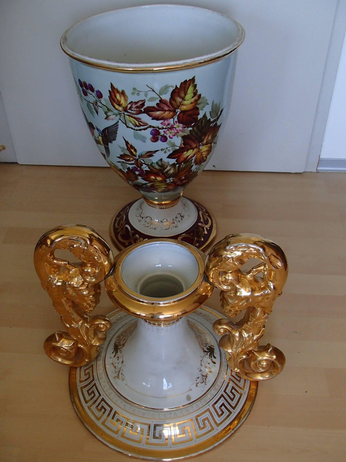 Art Nouveau Huge Porcelain Floor Amphora With Birds Gold Handles By J.Bünzli photo vintage