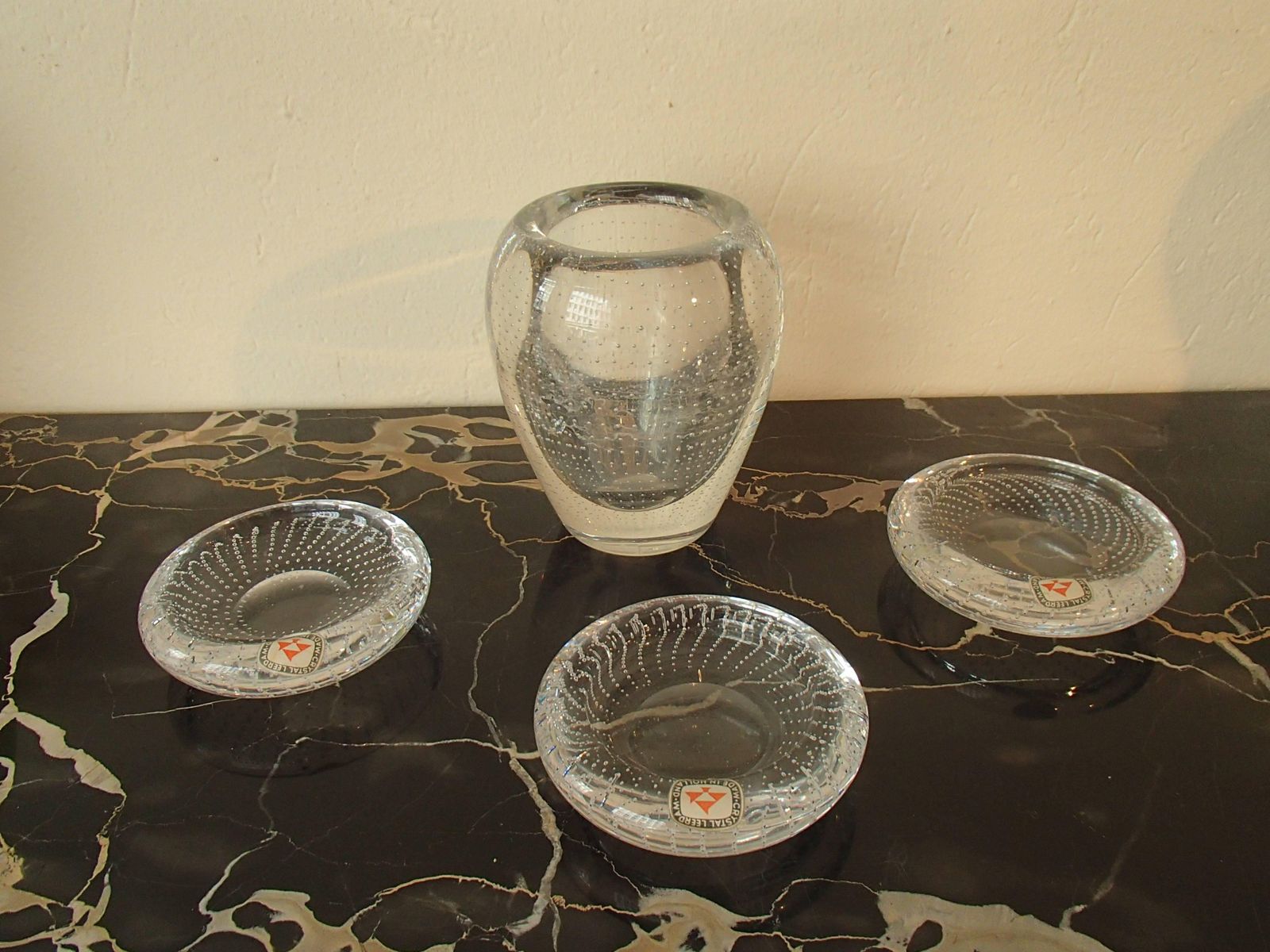 Midcentury Set By Leerdam Three Ashtrays And Small Vase photo buy