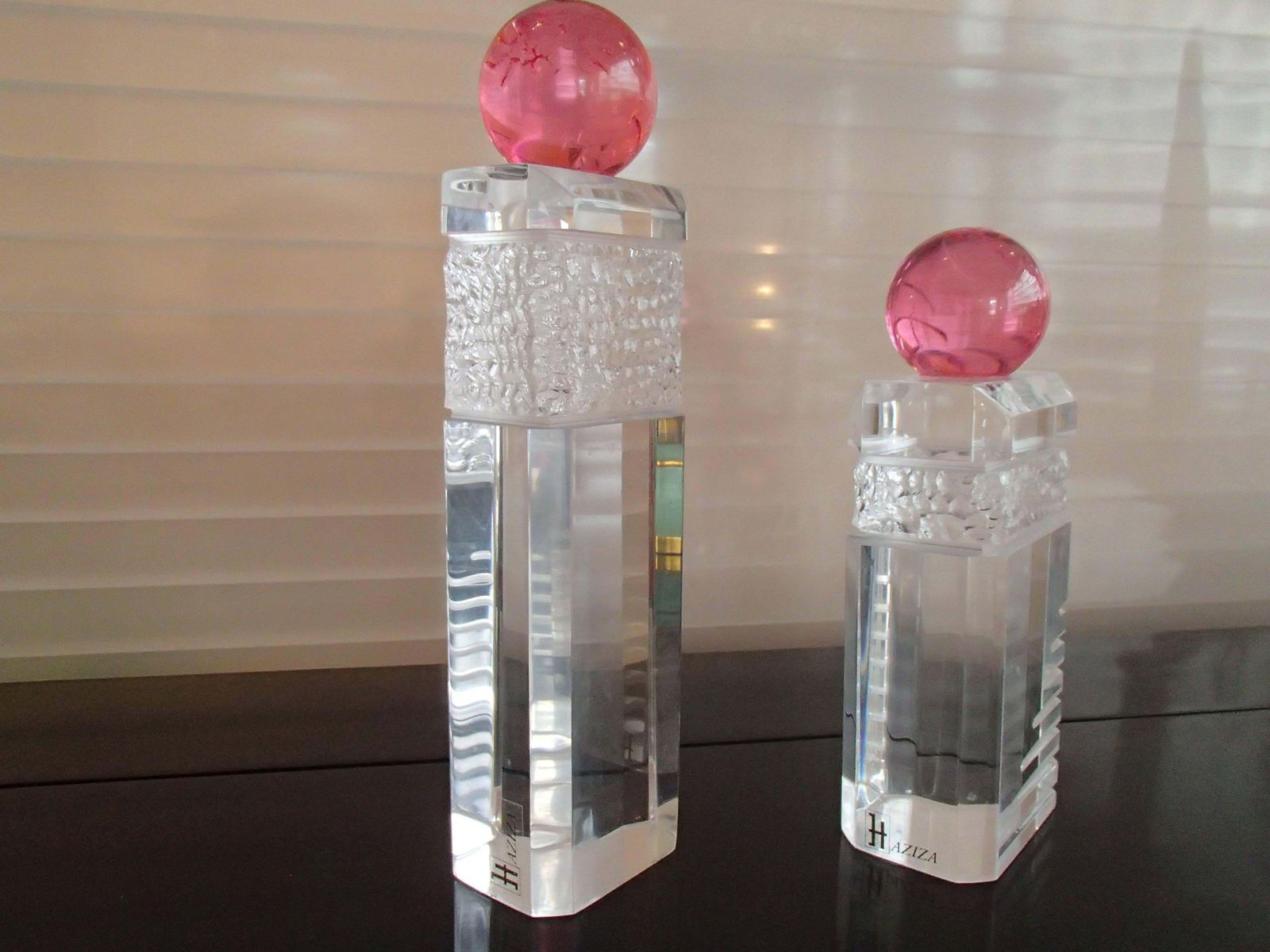 Pair Of Modern Haziza Plexi Glass Sculptures Transparent And Pink Ball photo Art