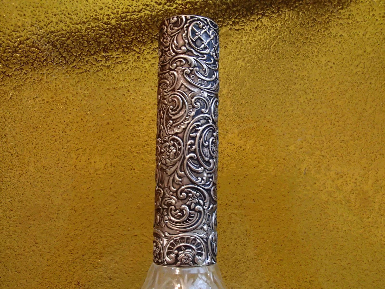 19th Century Bohemian Carafe Carved Glass, Silver Neck And Tape photo for sale