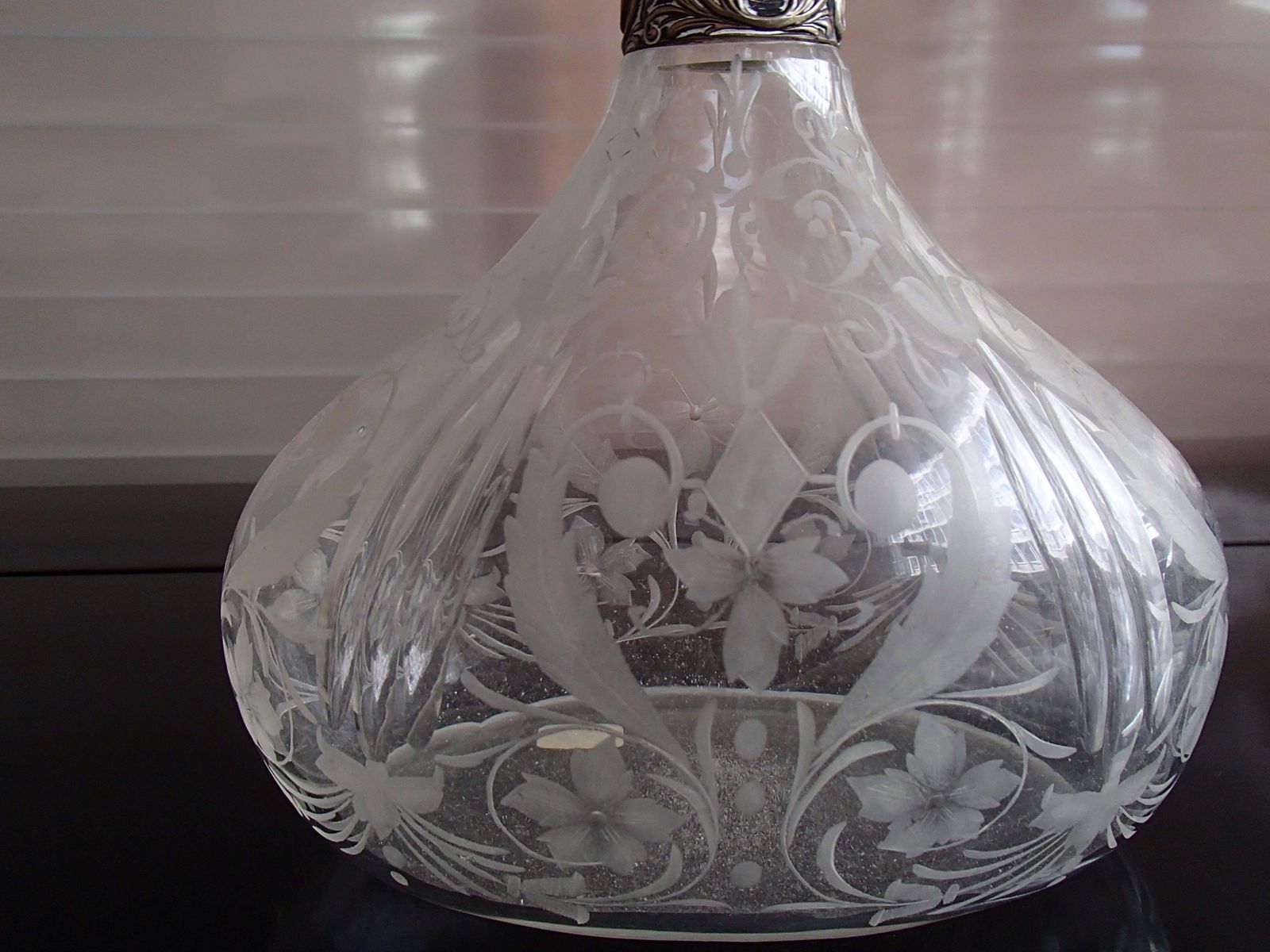 19th Century Bohemian Carafe Carved Glass, Silver Neck And Tape photo Home Decor