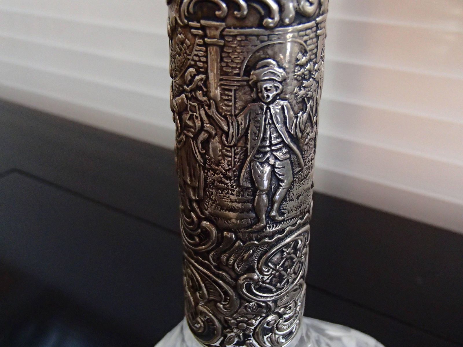 19th Century Bohemian Carafe Carved Glass, Silver Neck And Tape photo vinterior