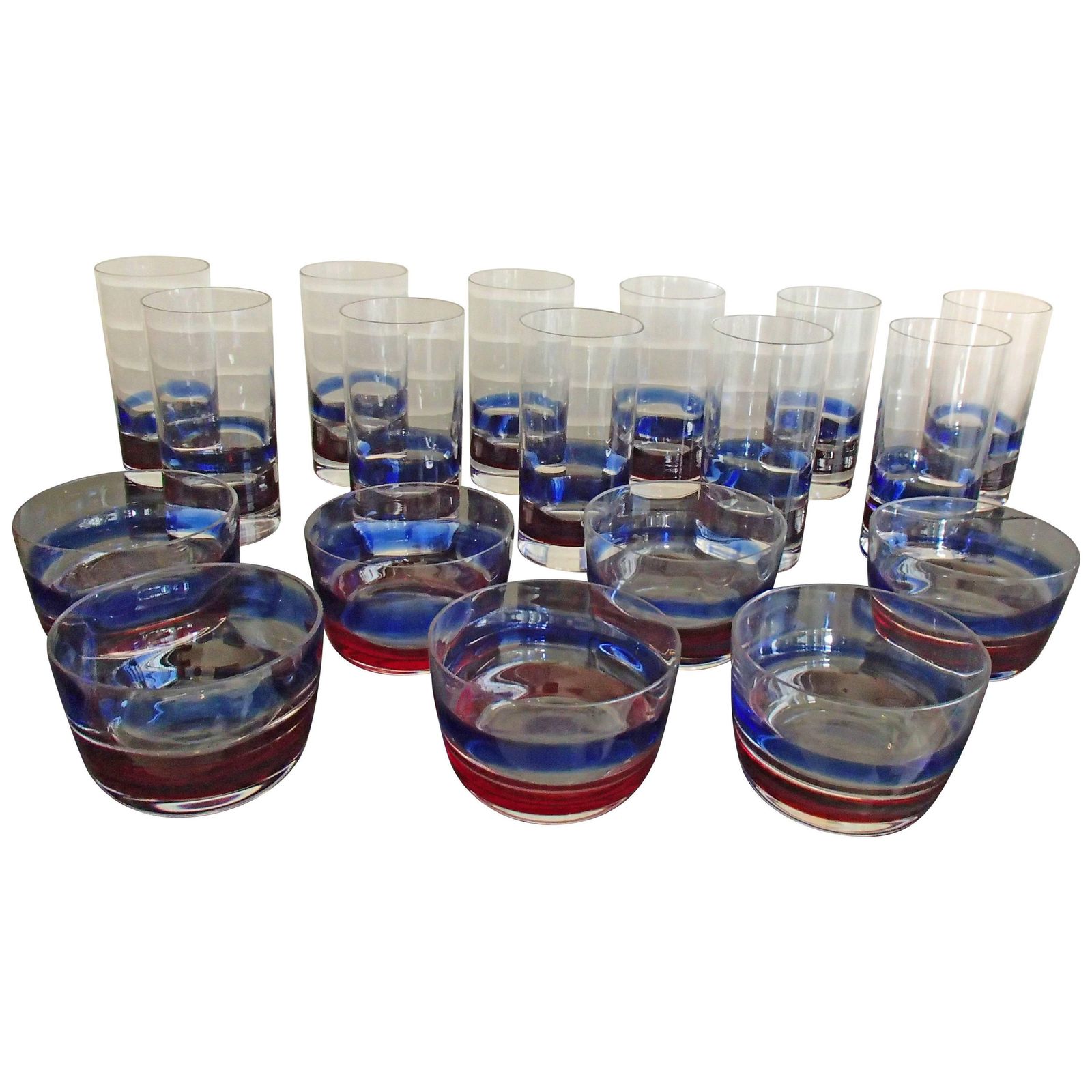 Mid Century Seven Cups And 11 Water, Long Drink Glasses Red Blue Fulvio Bianconi