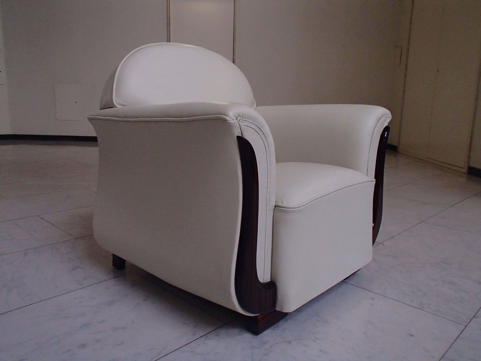 Art Deco Armchair Off White Leather And Ebene De Macassar Decors photo for sale