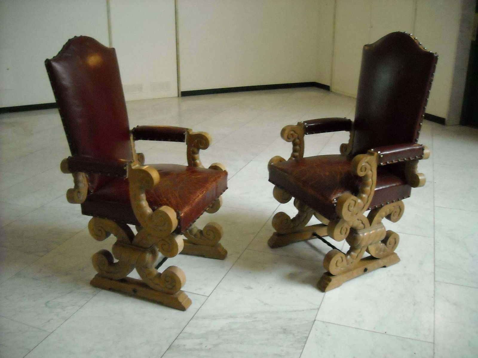 1940 Pair Of Side Chairs Chalked Oak And Red Leather photo furniture