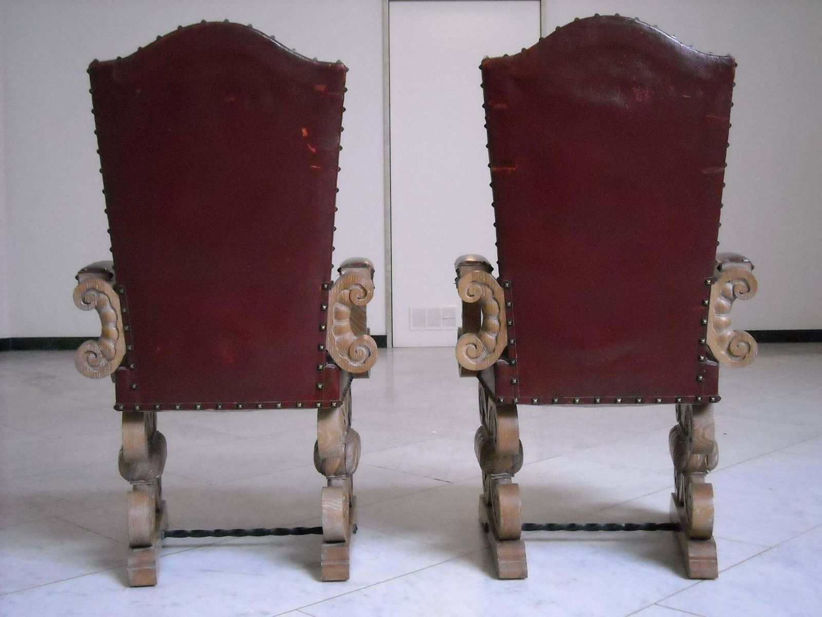 1940 Pair Of Side Chairs Chalked Oak And Red Leather photo for sale