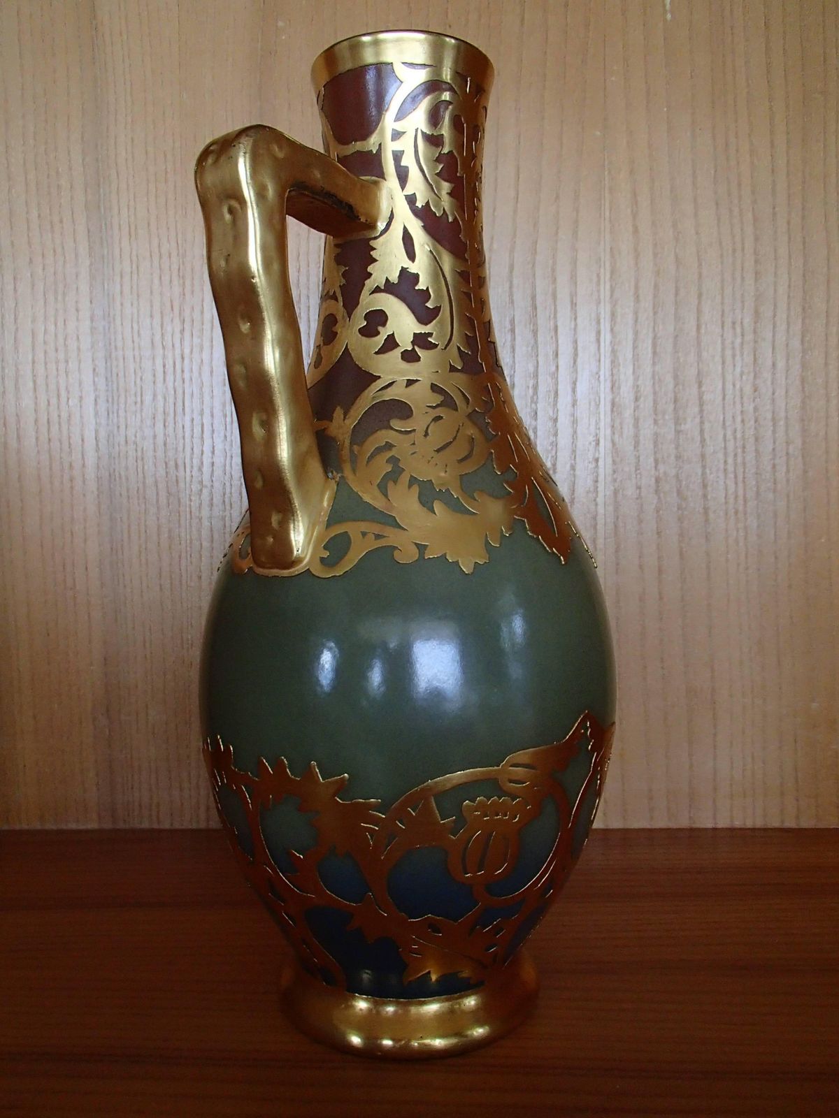 Art Nouveau Jarre Sarrguemines Green With Gold Leaf Floral Paintings photo furniture