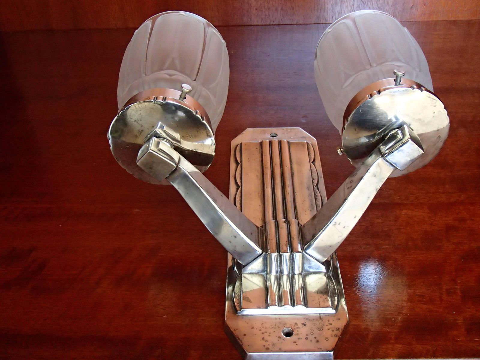 Pair Of Art Deco Silver Plated Walllights With Frosted Glass Shades photo Lighting