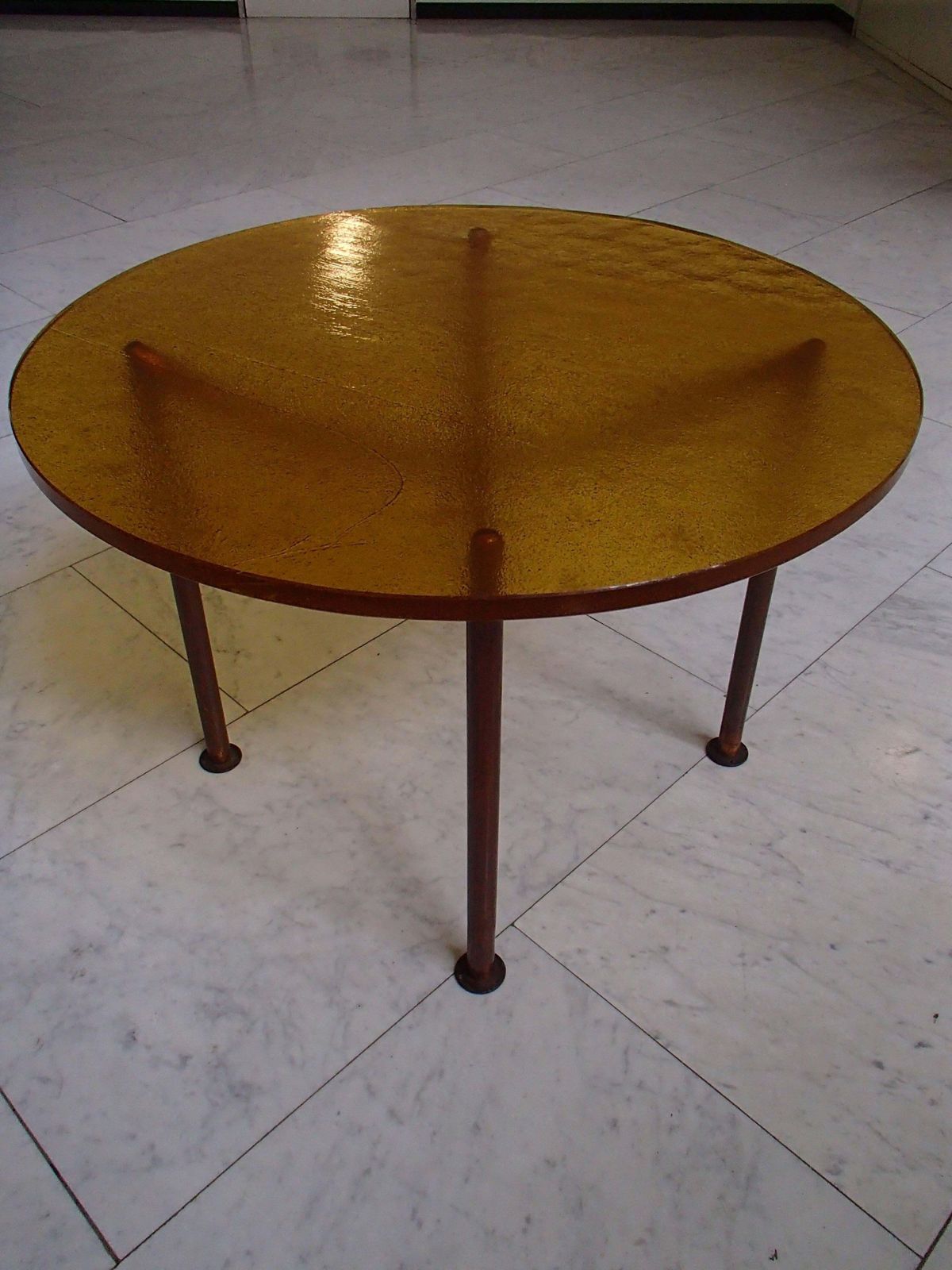 Art Deco Coffee Table Thick Yellow Orange Glasstop On Cubistic Copper Legs photo vintage