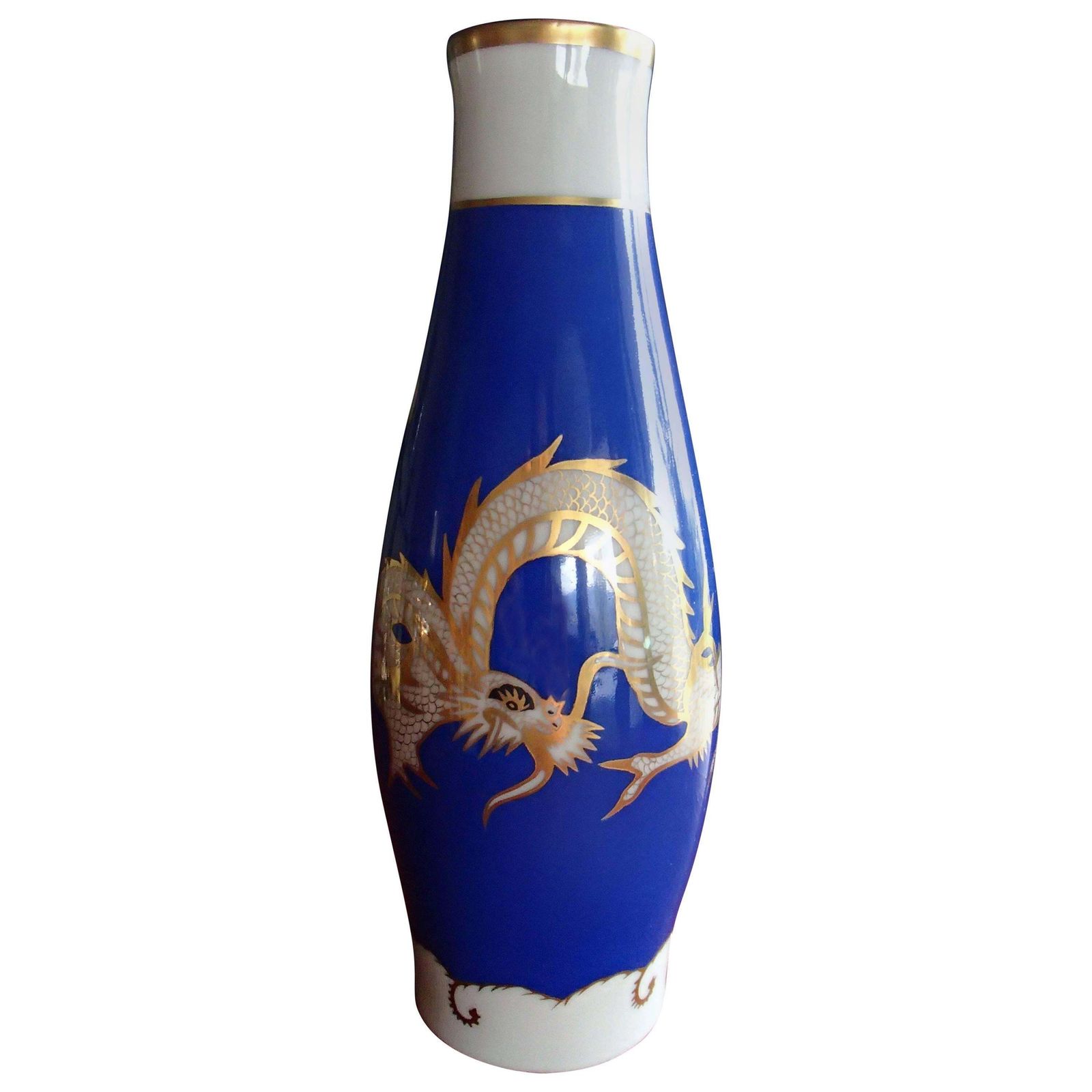 1930 Hand Painted Cobalt Blue Gold White Porcelain Vase Fraureuth Saxony