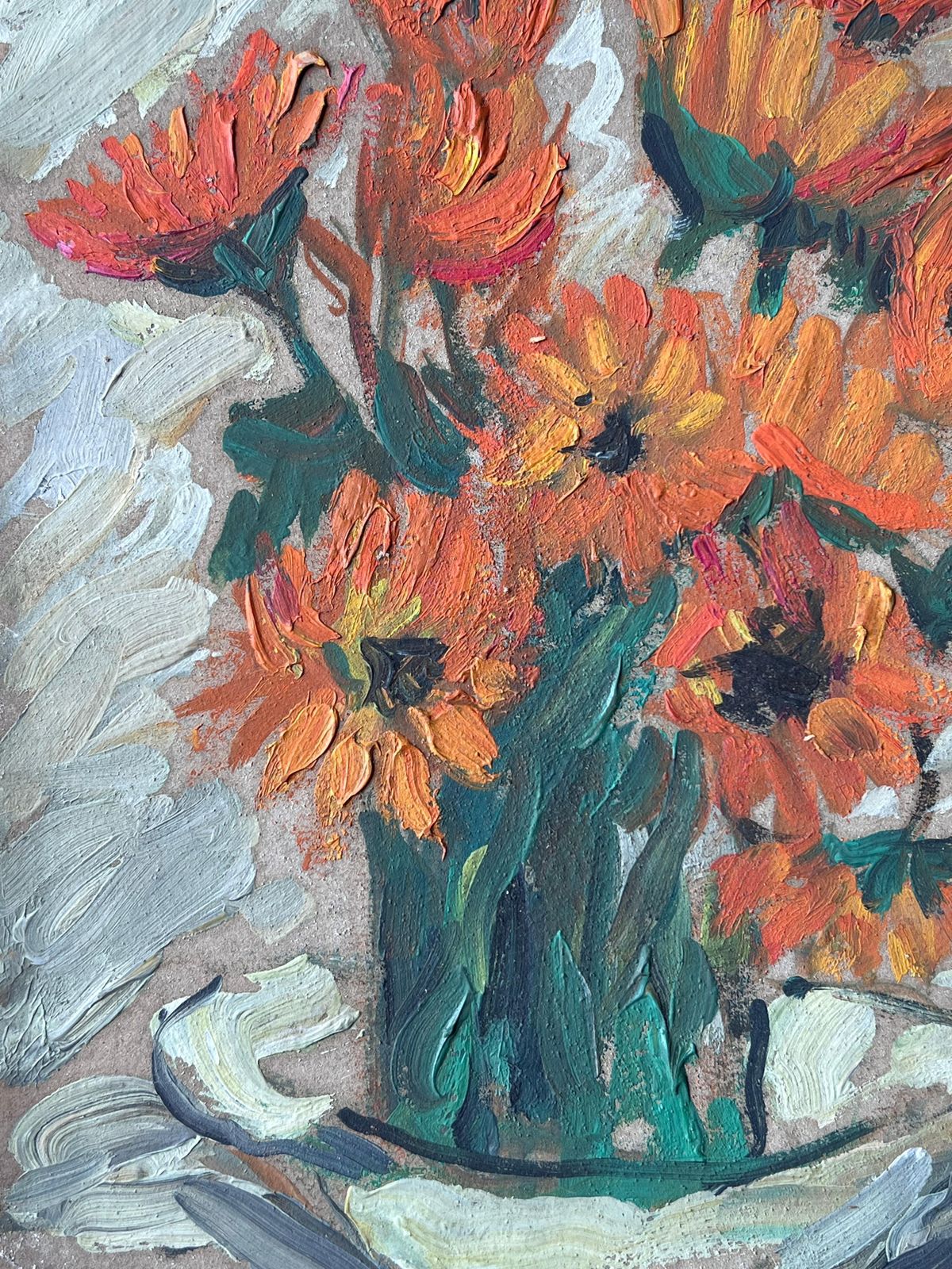 Suzanne Dinkes Mid Century French Impressionist Oil Painting Still Life Orange Sunflowers 1950's photo buy