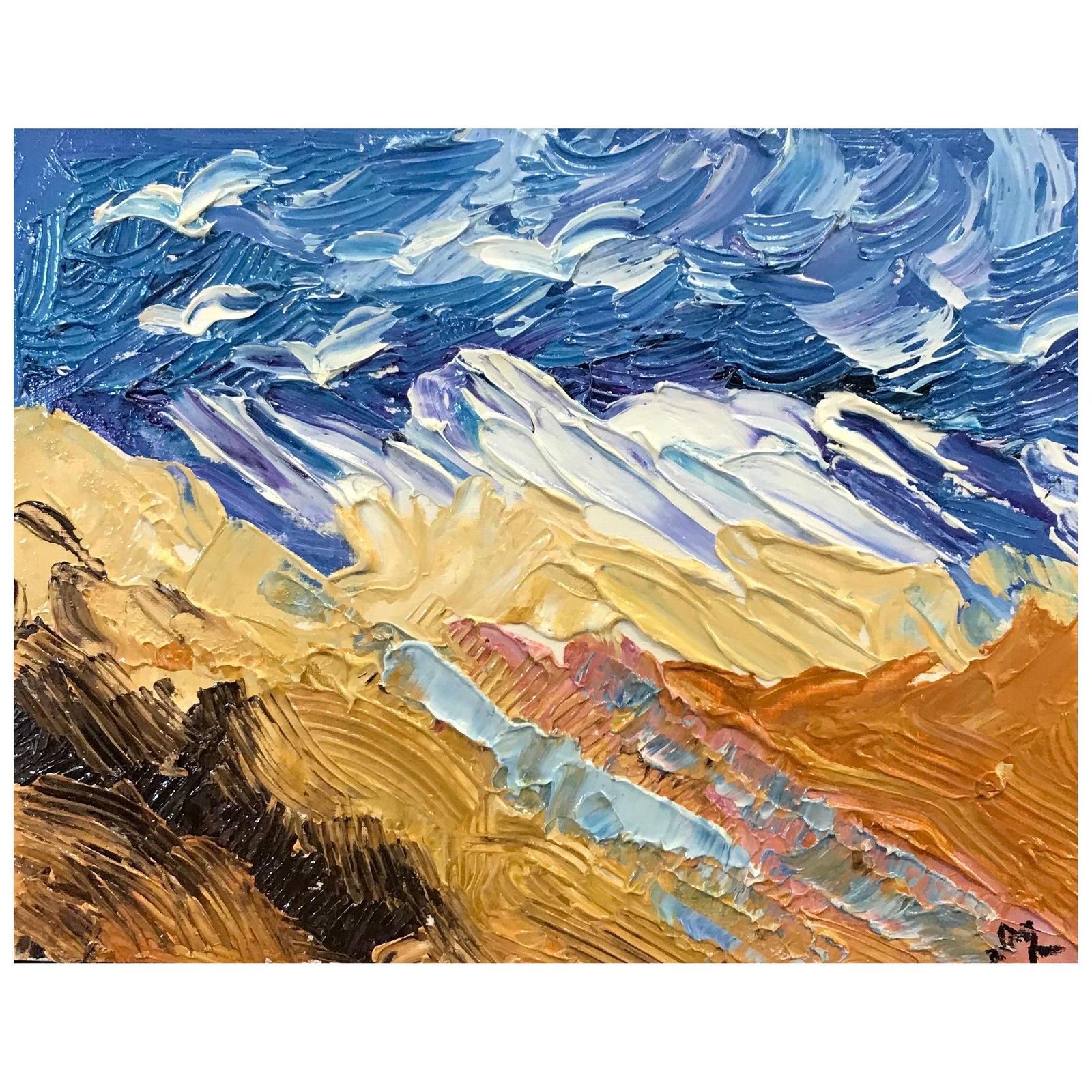Unknown Bright & Colorful French Impressionist Oil Painting, Seagulls Over Mountains 2000