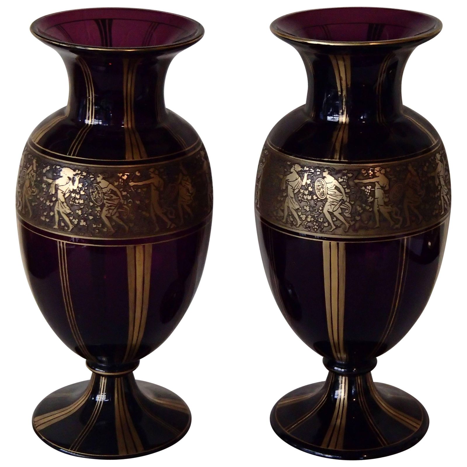 Pair Of Huge Ludwig Moser Karlsbad Vases With Gold Mythological Motives