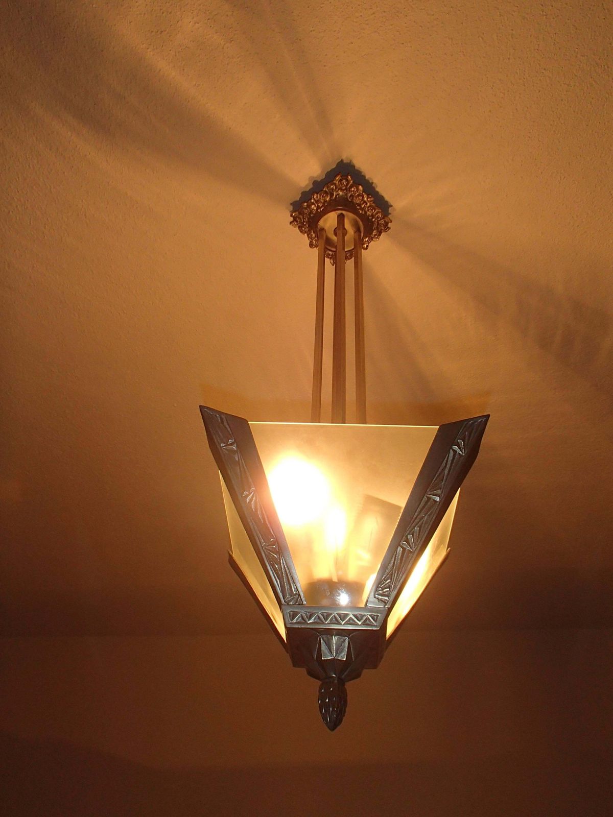 Art Deco Geometric  Bronze Nickeled Chandelier With Satined Glass photo for sale
