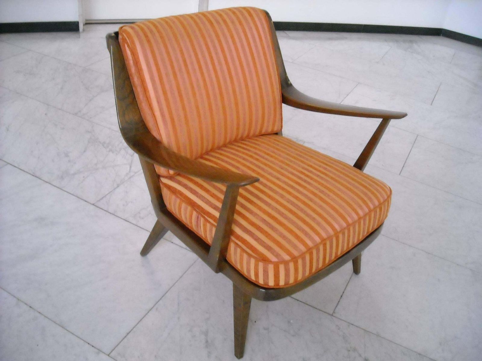 Pair Of Knoll Antimott Armchairs Tinted Birch Yellow Orange Silk Recovered photo for sale
