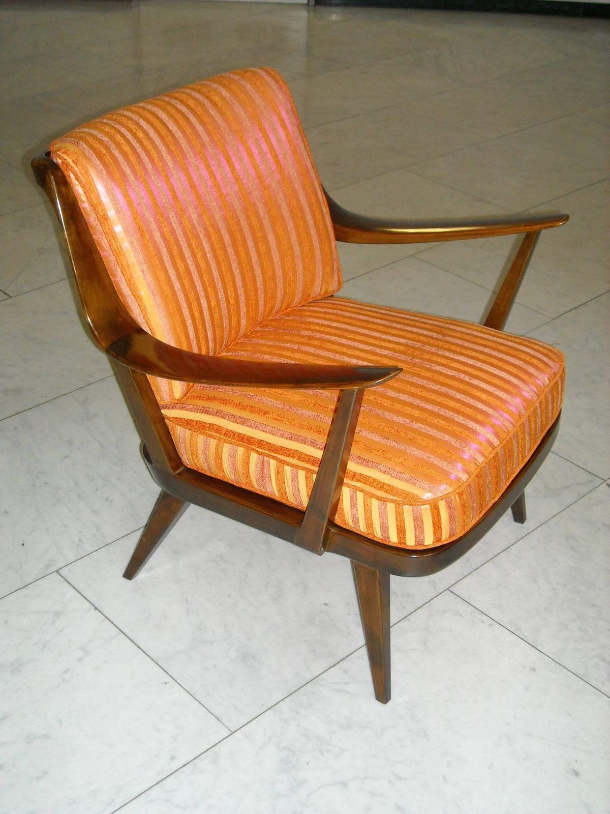 Pair Of Knoll Antimott Armchairs Tinted Birch Yellow Orange Silk Recovered photo vinterior